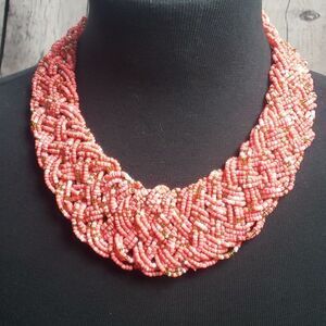 Pink Bead Braided Bohemian Style Necklace